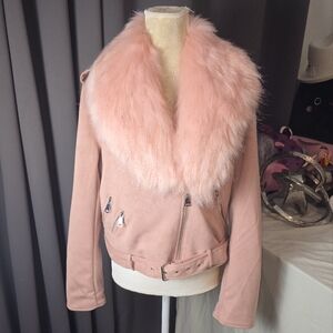Giolshon Faux Suede Pink Moto‎ Jacket w/ Faux Fur Collar Belted Size L